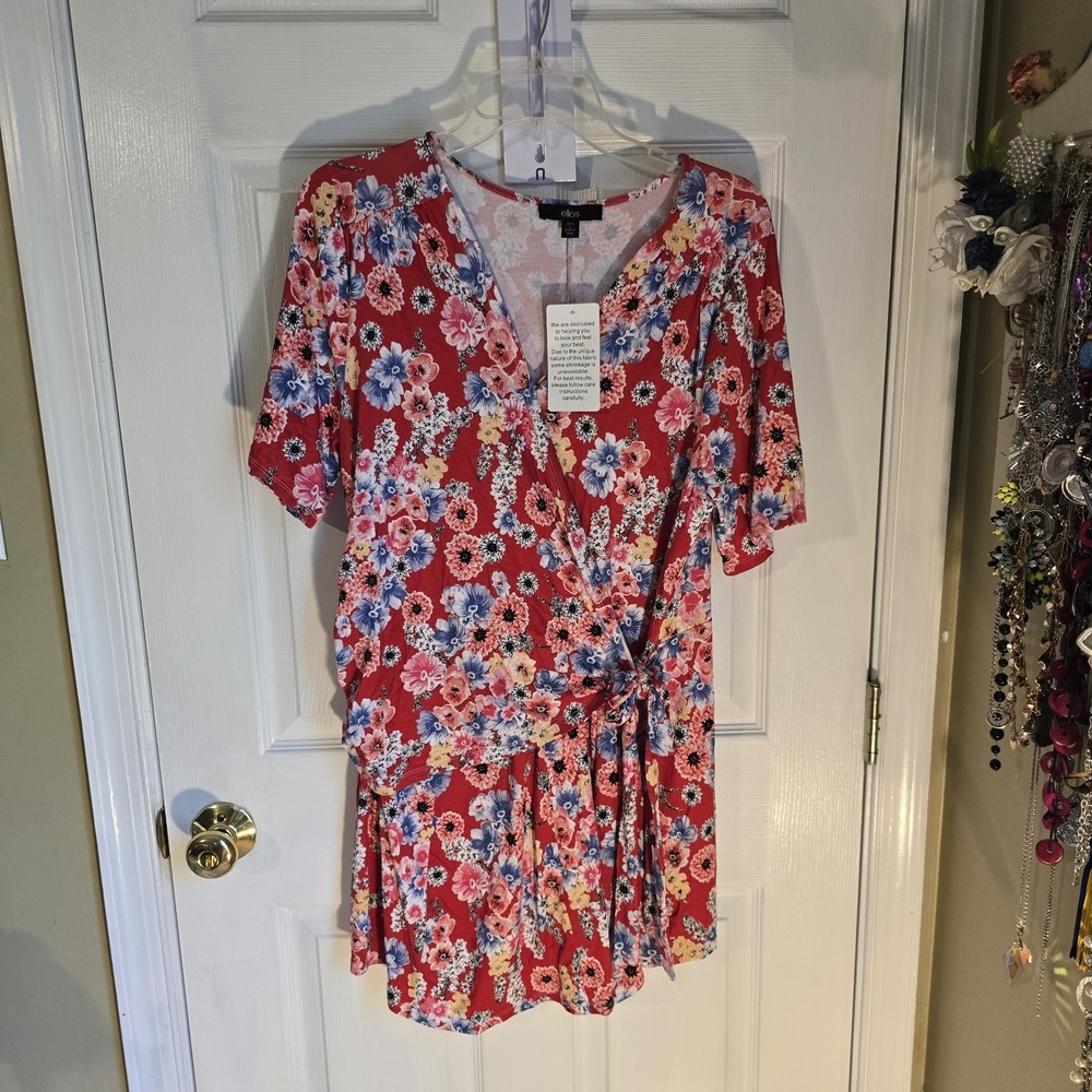 Ellos Red Floral Wrap Dress Short Sleeve V-Neck Side Tie Dress Plus Size 18/20 L